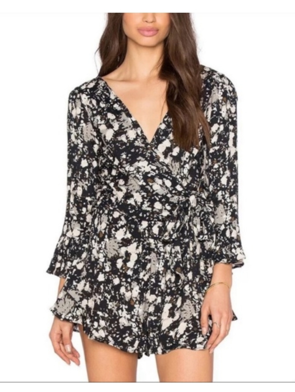 Free People All The Right Ruffles V Neck Romper Black And Cream Medium Floral